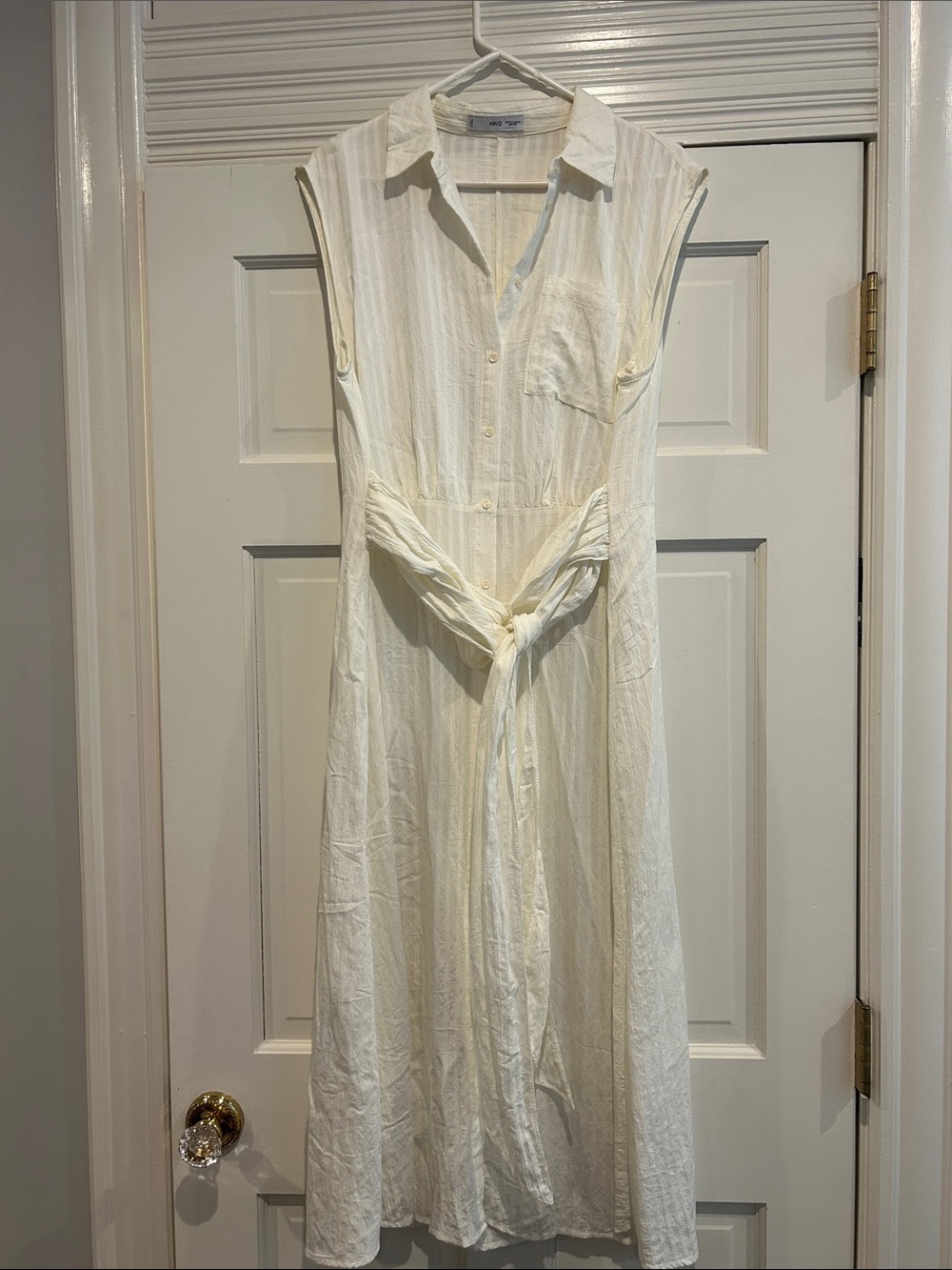 Mango Cream Sleeveless Shirt Midi Dress with Tie Waist